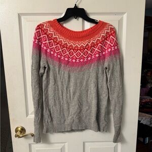 GAP Gray and Pink Crew Neck Sweater with Nordic Pattern
